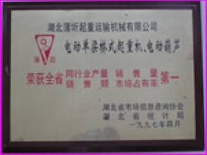 1997年全省起重機(jī)械設(shè)備銷(xiāo)量第一榮譽(yù)。